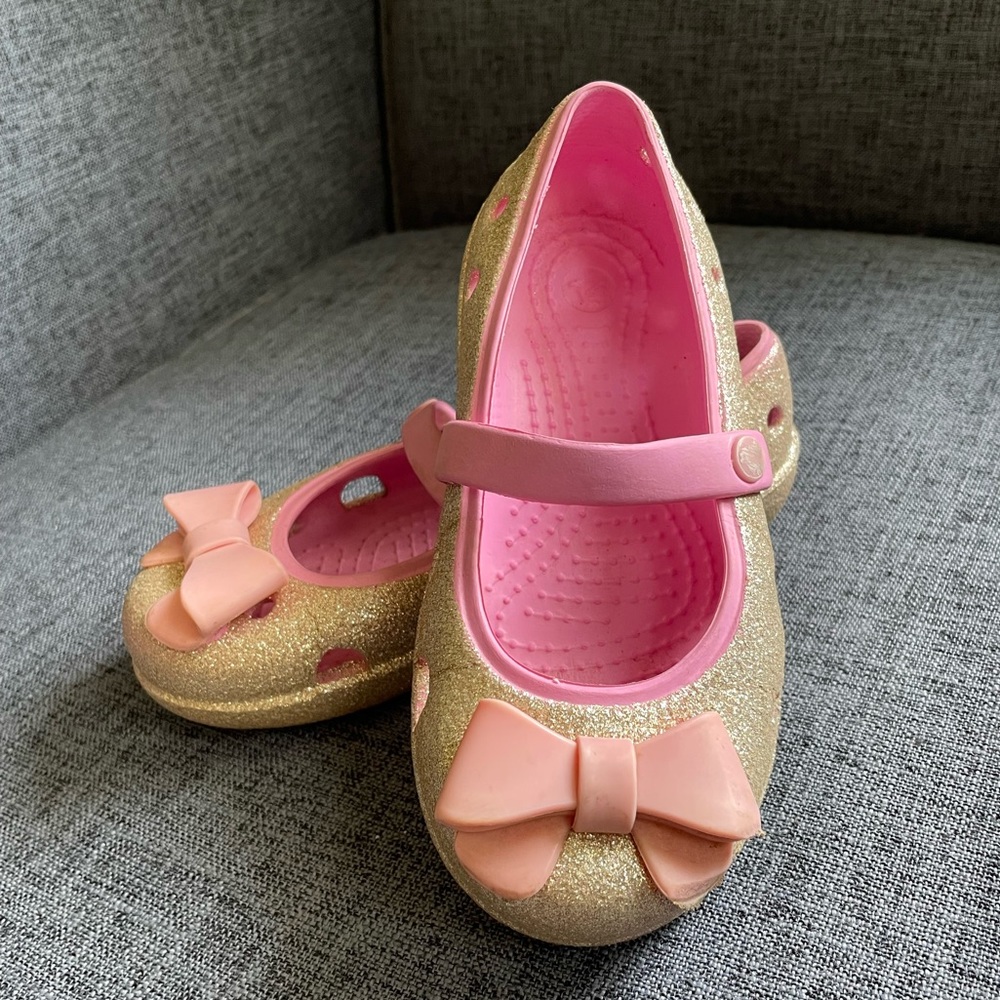 Pink and Gold Sparkle Crocs Keeley Embellished Flat